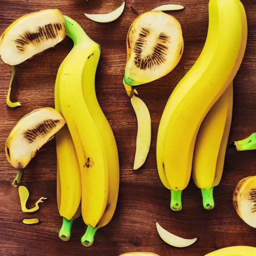 Image similar to professional photograph of banana ducks, peeled bananas with googly eyes and duck beaks