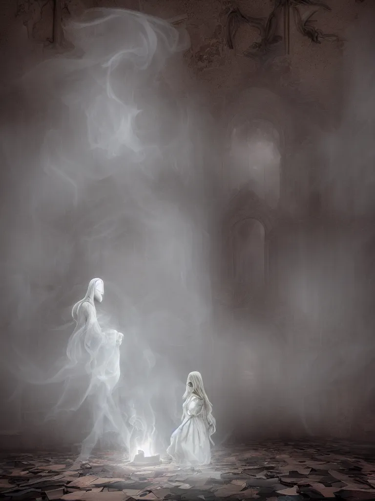 Image similar to cute fumo plush gothic angel maiden girl ghost wraith making an apparition in an abandoned church, wisps of smoke and glowing volumetric fog, vignette, orthographic, vray