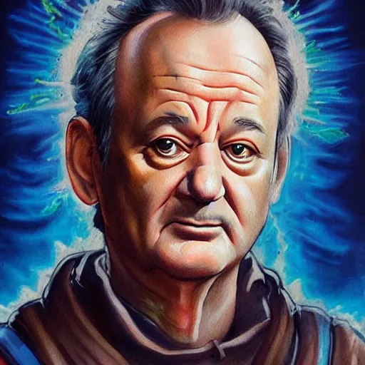 Image similar to epic close up portrait painting of bill murray in ghostbuster depicted like a saint in a orthodox icon, ornate, very beautiful, concept art, realistic painting, 8 k, hd,