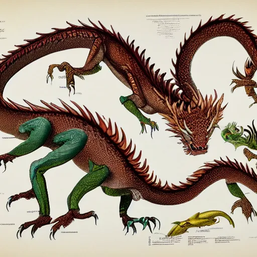 Prompt: scientific illistration of a species of dragon showing an examples of a males and female of each the species, biological illustrations, art by john james audubon robert stebbins and terryl whitlatch and david sibley and charles darwin, highly detailed, intricately detailed, 8 k, trending on artstation