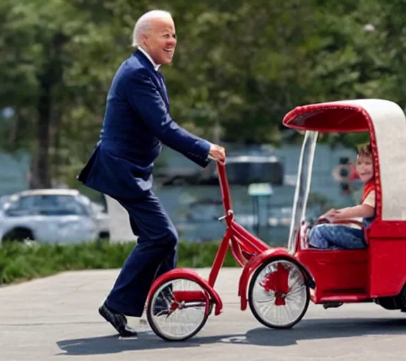 Image similar to Joe Biden riding a comically small red tricycle