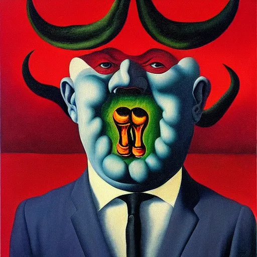 Prompt: devil boss in hell, oil painting by rene magritte