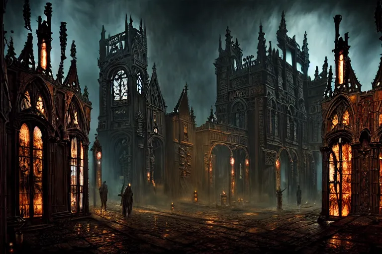 Image similar to steam necropolis, memento mori, gothic, neo - gothic, art nouveau, hyperdetailed copper patina medieval icon, stefan morrell, philippe druillet, ralph mcquarrie, concept art, steampunk, unreal engine, detailed intricate environment, octane render, moody atmospherics, volumetric lighting, ultrasharp, ominous, otherworldly