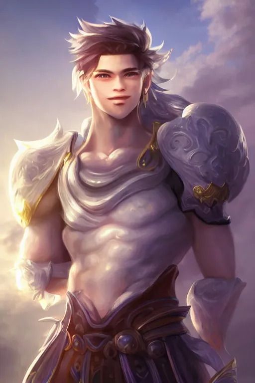 Image similar to fullbody portrait of a male fit hero with strange hairs, soft smile, final fantasy, league of legends champion, strong iridescent light, by chengwei pan and sakimichan, gradient white to gold, in front of a magical building background, highly detailed portrait, digital painting, smooth, focus illustration