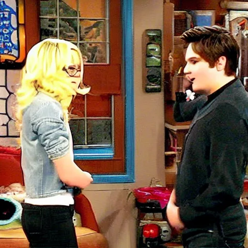 Prompt: a screenshot of Gerard Way talking with Carly in ICarly (2007) , low quality, vhs quality,