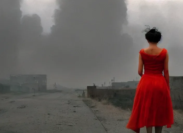 Image similar to mysterious sad rotten girl wrapped in smoke and a red dress is observing a big industrial city metropoli in the distance, cloudy sky, requiem for a dream