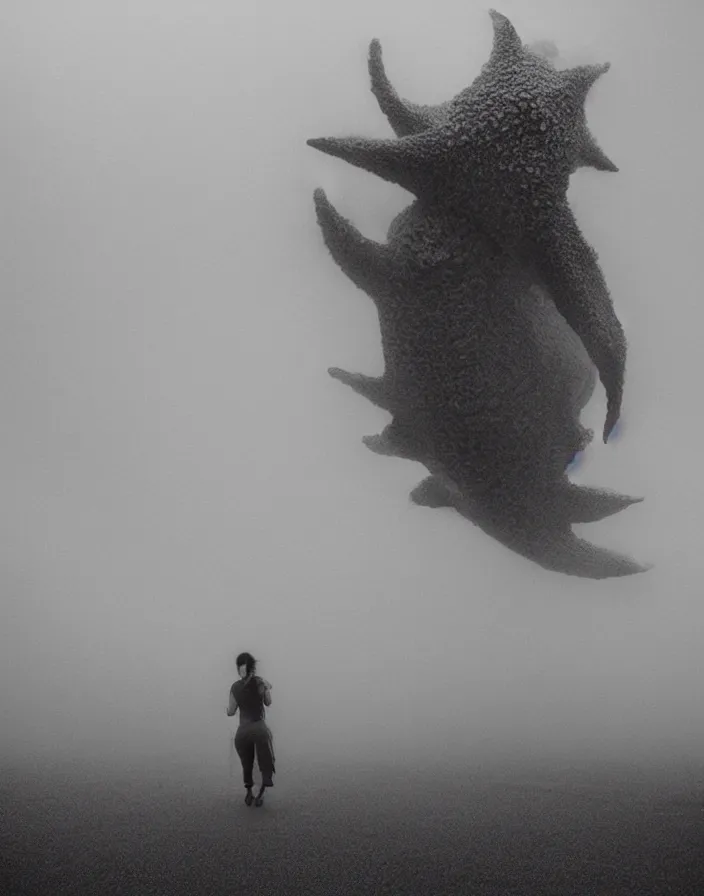 Image similar to very low - resolution found footage of a couple escaping in the city from a starfish kaiju monster, fog, foggy, korean film noir, monochrome, red hue, thriller, underdeveloped, epic, dramatic