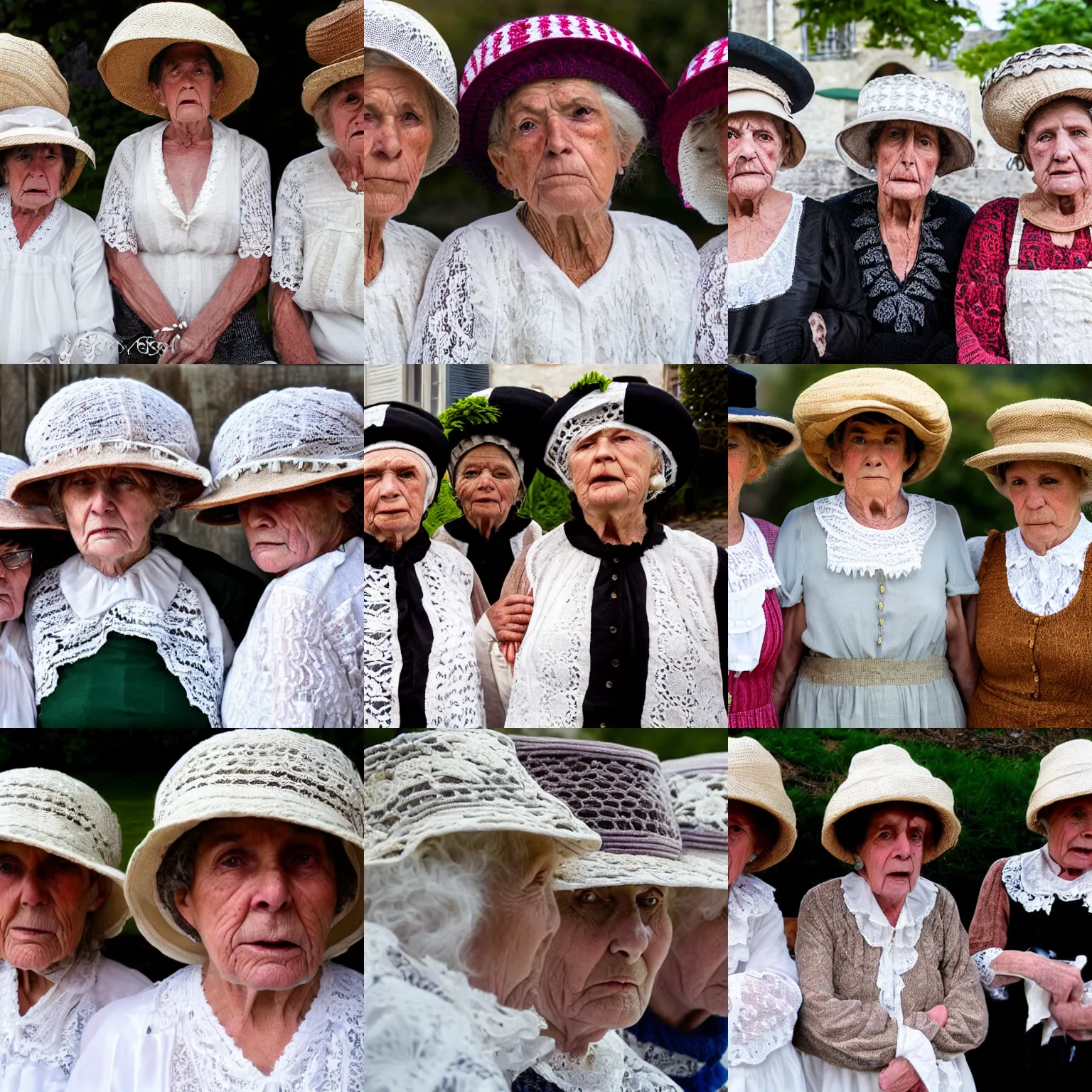 Prompt: close up of three old women from brittany with hats in white lace and folk costumes. they look visibly angry