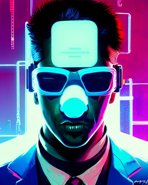 Image similar to cyberpunk synth, hyper - realistic portrait of a man in a suit with detailed neon mask, cyberpunk, intricate, digital painting, by atey ghailan, by greg rutkowski, by greg tocchini, by james gilleard, by joe fenton, by kaethe butcher, dynamic lighting, gradient light blue, lighting color scheme, sharp focus, grunge aesthetic