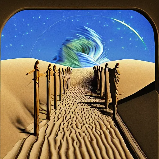 Prompt: A sand tsunami in the desert gate swallowing a man and a boy to different dimension spark, surreal ,Night