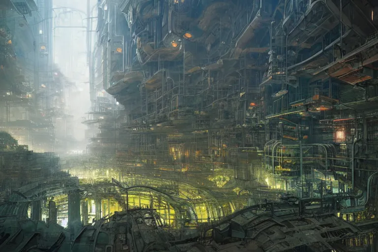 Image similar to an underground industrial city, in the middle is a green oasis, hyperdetailed, artstation, by Greg Rutkowski