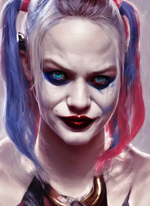 Prompt: portrait of harley quinn, au naturel, hyper detailed, digital art, trending in artstation, cinematic lighting, studio quality, smooth render, unreal engine 5 rendered, octane rendered, art style by klimt and nixeu and ian sprigger and wlop and krenz cushart