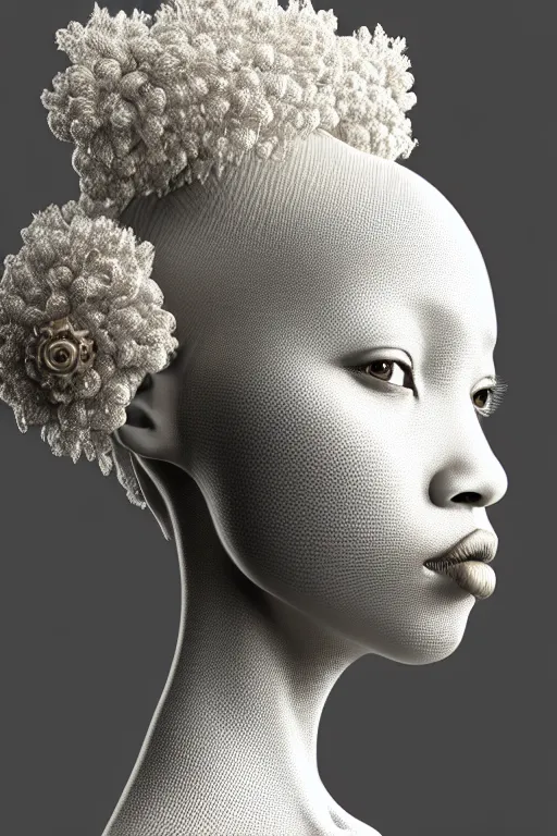 Prompt: complex 3d render ultra detailed of a beautiful porcelain profile afro woman face, biomechanical cyborg, analog, 150 mm lens, beautiful studio soft light, rim light, big leaves and stems, roots, fine foliage lace, mesh wire, Alexander Mcqueen high fashion haute couture, earring, art nouveau fashion embroidered, steampunk, intricate details, satin silver white gold metal details, hyper realistic, ultra detailed, mandelbrot fractal, anatomical, facial muscles, cable wires, microchip, elegant, octane render, H.R. Giger style, volumetric lighting, 8k post-production