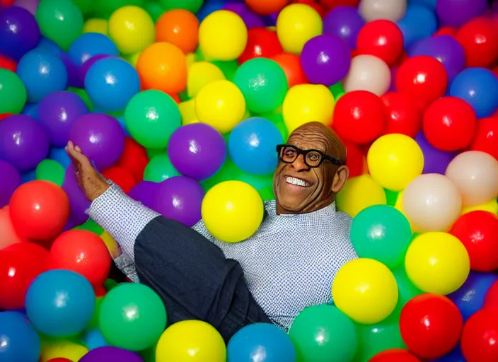 Image similar to photo still of al roker in a ball pit!!!!!!!! at age 4 6 years old 4 6 years of age!!!!!!!! hiding from parents, 8 k, 8 5 mm f 1. 8, studio lighting, rim light, right side key light