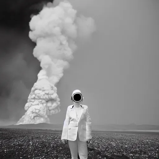 Prompt: woman with white suit, she wear gasmask, standing close to volcano, fire raining, professional photography, black and white, cinematic, eerie