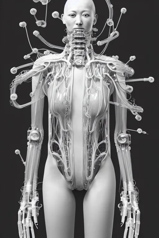 Image similar to young asian woman, iris van herpen, perfect symmetrical body, full body shot, inflateble shapes, wires, tubes, veins, jellyfish, white biomechanical details, wearing epic bionic cyborg implants, masterpiece, intricate, biopunk, vogue, highly detailed, artstation, concept art, cyberpunk, octane render