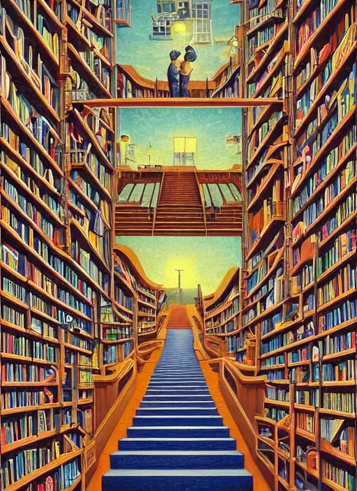 Image similar to the staircase at powell's city of books, vintage shapes, retro technology, happy colors. rob gonsalves, oil on canvas, deep depth field, masterpiece, cinematic composition, hyperdetailed