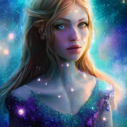 Image similar to portrait of a magical fairy made of galaxies, highly detailed, realistic, octane render, comic book art, space travel, unreal engine, sharp focus