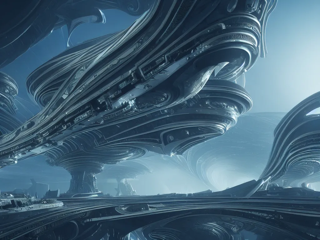 Image similar to an elaborate cyber wave ornate spaceship, cinematic, shadows, partly cloudy day, 4 k, detailed, by zaha hadid and peter jackson and ridley scott and beeple and greg rutowski