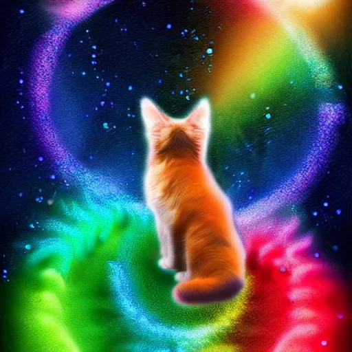 Image similar to of a full body wide of very proud fluffy rainbow kitten howling at moon with a glowing rainbow aura, digital art,