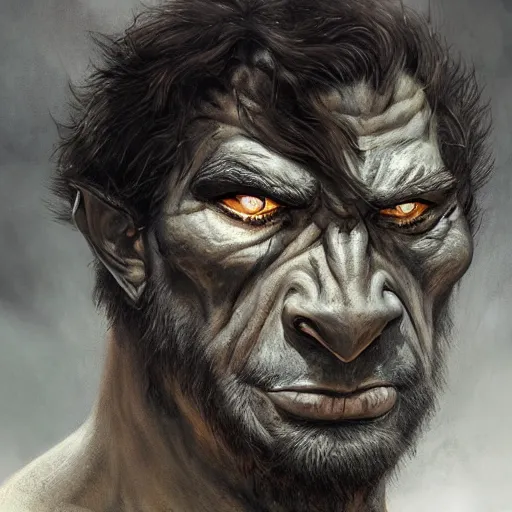 Image similar to portrait of a young ruggedly handsome hulking herculean orc bugbear demon barbarian, male, masculine, upper body, night black hair, fantasy, frown, war face paint, intricate, elegant, highly detailed, digital painting, artstation, concept art, matte, sharp focus, illustration, art by artgerm and greg rutkowski and alphonse mucha