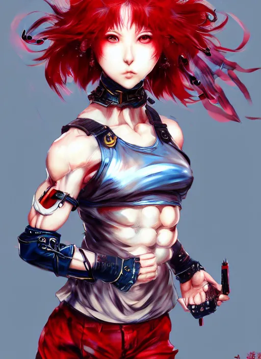 Image similar to fullbody!! yoshitaka amano and ayami kojima gorgeous girl symmetrical face, short red hair, crop top, shorts, dynamic action pose, hyper detailed, character concept, intricate, elegant, digital painting, artstation, smooth, sharp focus