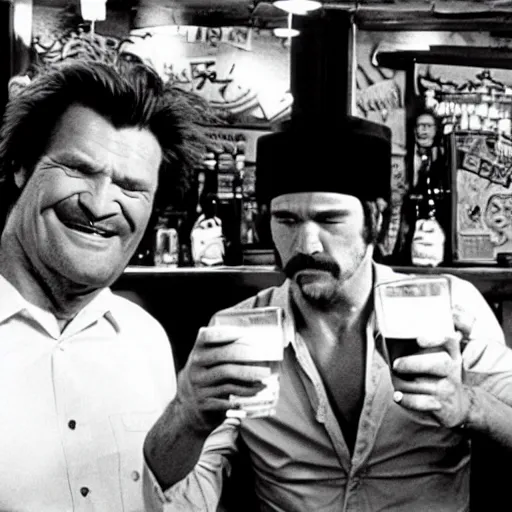 Image similar to deleted scene from Big trouble in little China, Jack Burton drinking beer, Chinatown bar, amazing shot, 1987