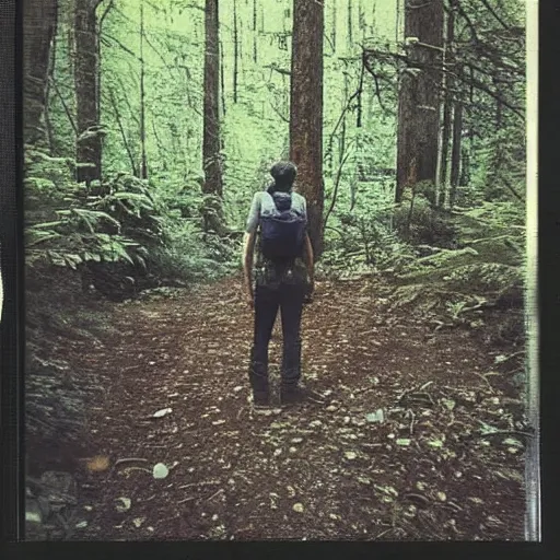 Prompt: a polaroid picture of a hiker in a forest before he went missing there is a wendigo hiding in the background,