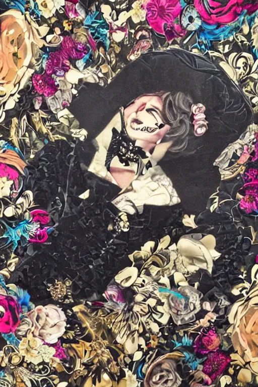 Image similar to black leather and embroidered Lolita dapper bespoke avant-garde tuxedo in velvet, black and gold rich color, dramatic cinematic lighting, featured on Artstation, extremely detailed by Lisa Frank