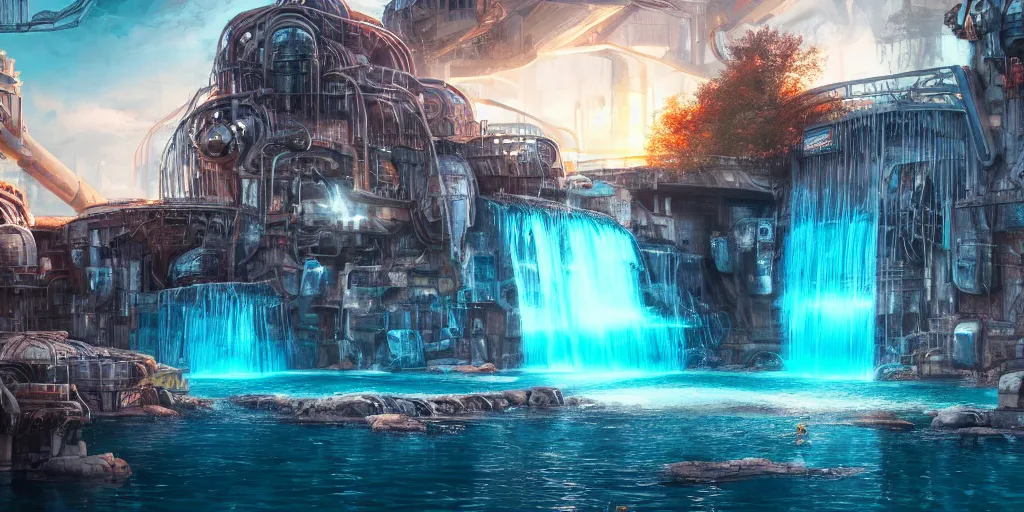 Image similar to beautiful pool waterfalls surrounded by alien robots, steel archways, industrial buildings, rusty metal towers, sun setting, ross tran, fantasy, james jean, peter morbacher, angelarium, alchemy, luxury, heavenly light, soft illumination, trending on artstation, cinematic lighting, digital painting, octane render, artgerm