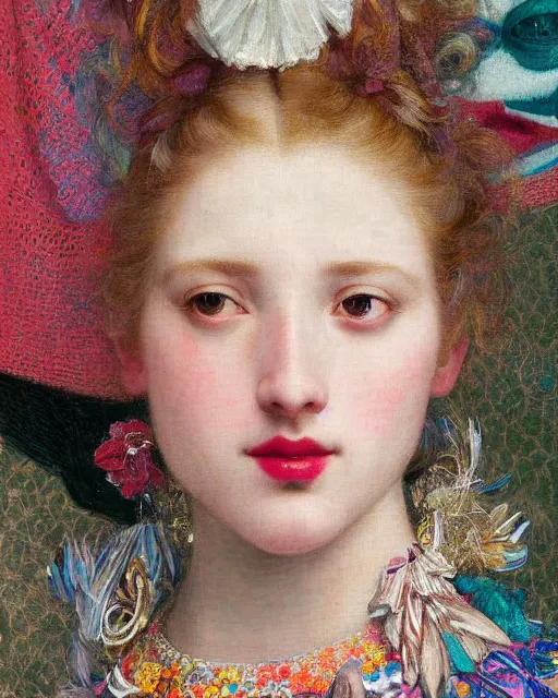 Prompt: a close up of beautiful cheerleader girl with pink lipstick wearing a multicoloured necklace surrounded by colourful intricate patterns, by edgar maxence and caravaggio and michael whelan, intricate painting, hyper realistic, extremely detailed and beautiful aesthetic face, 8 k resolution