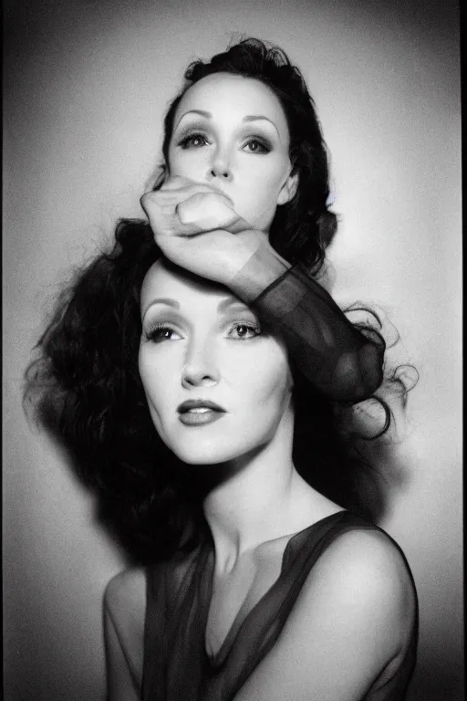 Prompt: photo portrait of amy yasbeck, head centered portrait, enigmatic beauty, smiling, head in focus, shot with hasselblad, 5 0 mm lens, photography, very soft diffuse lights, by yousuf karsh, fine film grain, dark smoky background