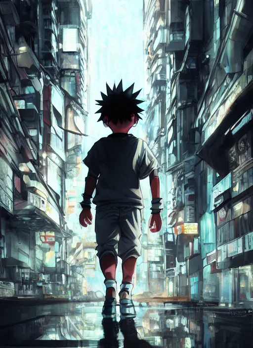 Image similar to Killua walking towards camera, low angle, epic, artstation, cyberpunk, intricate complexity