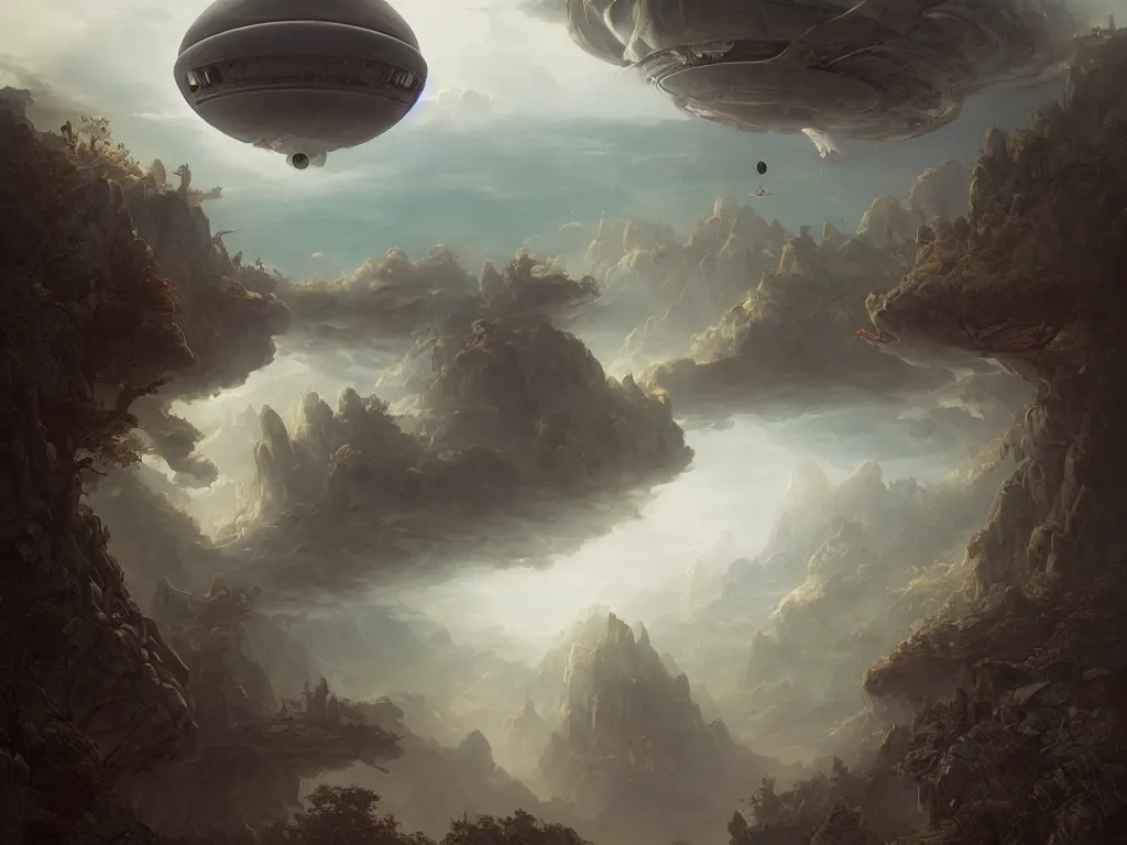 Image similar to a beautiful matte painting of a singular ufo by peter mohrbacher and m. c. escher and gustave dore and sam spratt, cinematic, dynamic lighting, concept art, realistic, realism, colorful