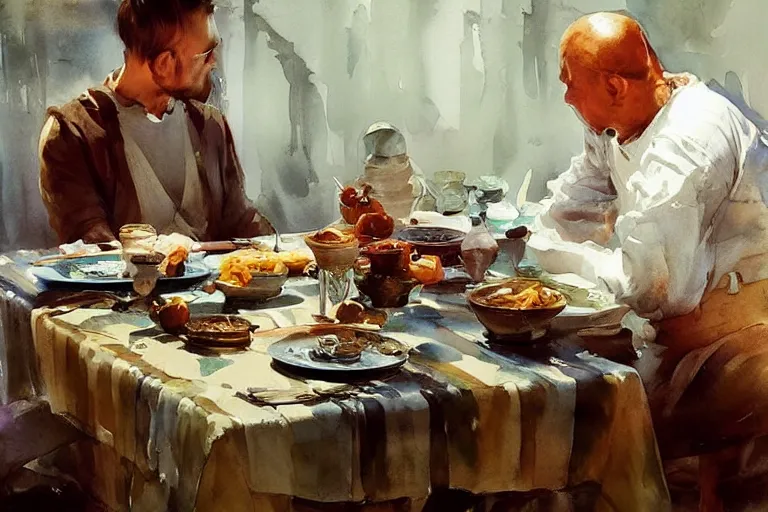 Prompt: paint brush strokes, abstract watercolor painting of medieval food serving, table cloth, art by hans dahl, by jesper ejsing, art by anders zorn, wonderful masterpiece by greg rutkowski, cinematic light, american romanticism by greg manchess, creation by tyler edlin