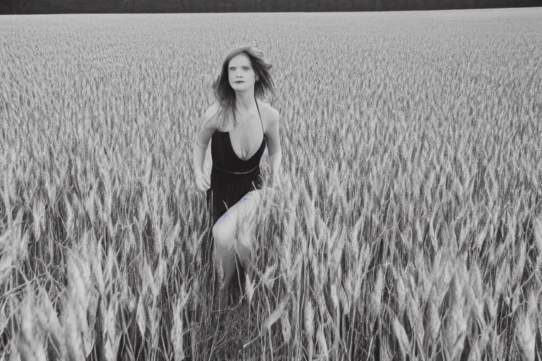 Prompt: sensual redhead girl running through the wheat field, soft light, 35mm film