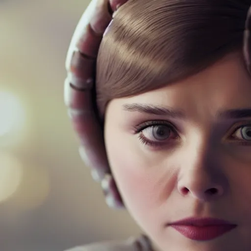 Image similar to Adult Chloe Moretz as Princess Leia, XF IQ4, 150MP, 50mm, F1.4, ISO 200, 1/160s, natural light