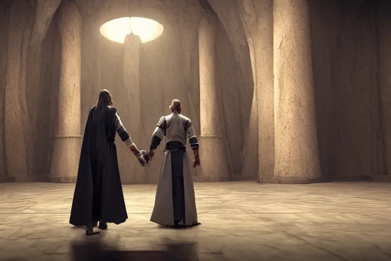 Prompt: vfx movie closeup jedi vs sith couple dual interior dark temple by emmanuel lubezki