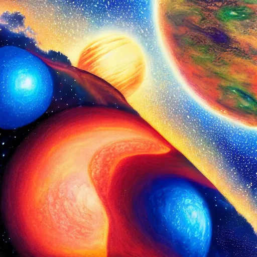 Prompt: Accurate and realistic representation of two colliding planets. Incredible. Epic composition. Harmonic colored disposition, expertly blended and shaded. HD. 8k. 4.k HQ. UHD . Colored pencils and color inks on two joined sheets of paper