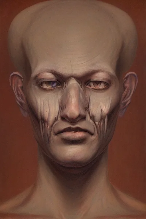 Prompt: beautiful clean oil painting biomechanical portrait of man face by vanessa beecroft, gustave dore, wayne barlowe, rembrandt, complex, stunning, realistic, skin color