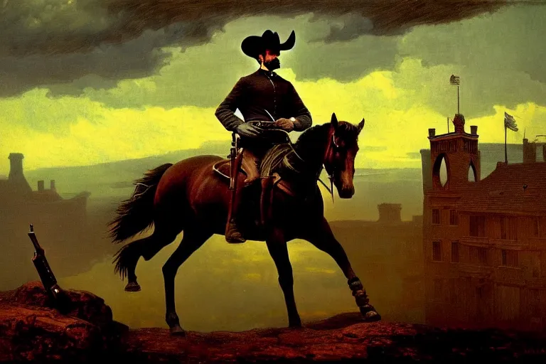 Image similar to an extremely detailed masterpiece photograph of a 1 8 9 0's gunslinger on his horse overlooking an old town, in the style of frederic remington, epic scene, extremely moody lighting, cinematic, 8 k