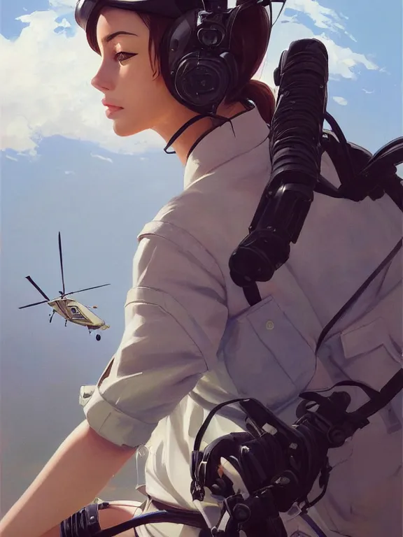 Prompt: an ultradetailed beautiful portrait painting of a girl as an helicopter pilot, side view, oil painting, high resolution, by ilya kuvshinov, greg rutkowski and makoto shinkai