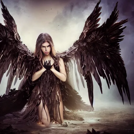 Image similar to fallen female archangel with black feathered wings, heavily scared and wounded from battle with devils, looks to be in grief, kneeling on the ground in a hellscape with a broken holy sword in front of her, and a pile of bones is aflame behind her. 4 k, hyper detailed, super realistic, dark fantasy