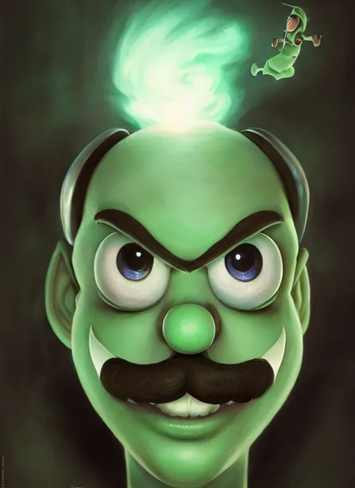 Prompt: hyper realistic, portrait of a mega derpy luigi by greg rutkowski, scott m fischer, artgerm, loish, slight glow, atmospheric, anne stokes, alexandros pyromallis