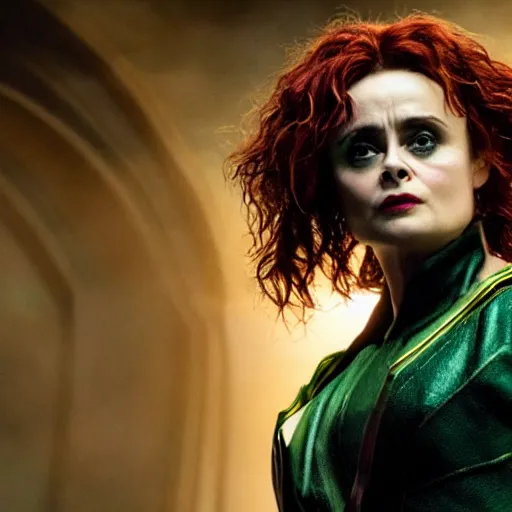 Image similar to film still of helena bonham carter as loki in the new marvel movie, 8 k, cinematic lighting