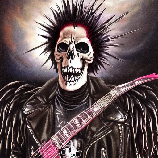 Prompt: a portrait of the grim reaper as a punk rocker, punk, skeleton face, mohawk, dark, fantasy, leather jackets, spiked collars, spiked wristbands, piercings, boots, electric guitars, motorcycles, ultrafine detailed painting by frank frazetta and vito acconci and virgil finlay and takeshi obata, death note style, detailed painting