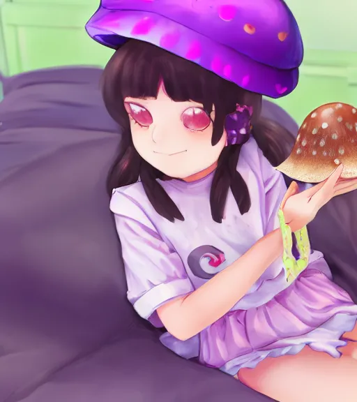 Image similar to a beautiful little girl wearing a mushroom hat sitting in her room petting a frog in her lap | | purple hair, pretty face, sharped details, in ryuuou no oshigoto art style, trending on pixiv