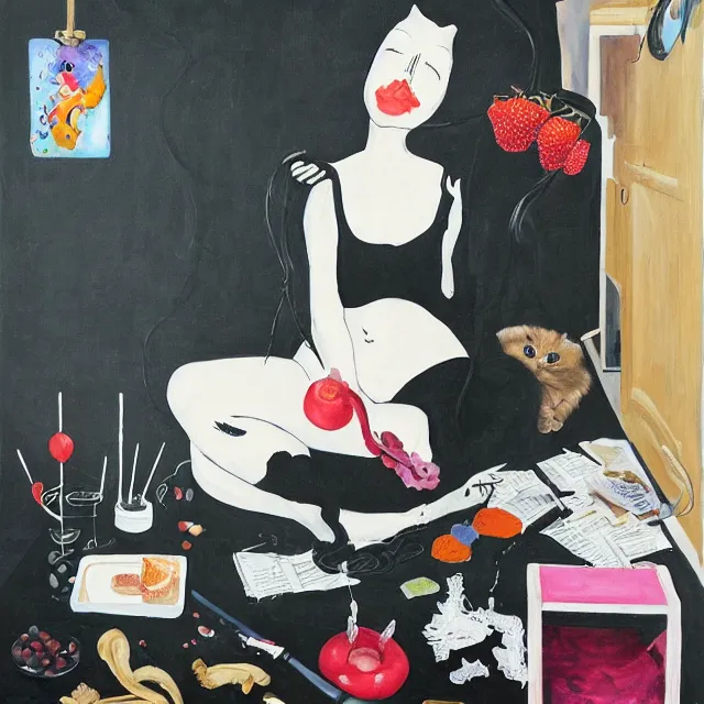 Image similar to a portrait in a female artist's zen bedroom, black walls, catgirl eating berries, sheet music, surgical supplies, pancakes, black flowers, sensual, octopus, neo - expressionism, surrealism, acrylic and spray paint and oilstick on canvas