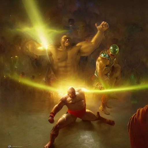 Image similar to the iron sheik breaking hulk hogan's back, radiant light, caustics, heroic, bright iridescent light, by gaston bussiere, bayard wu, greg rutkowski, maxim verehin, epic wrestling combat, legendary