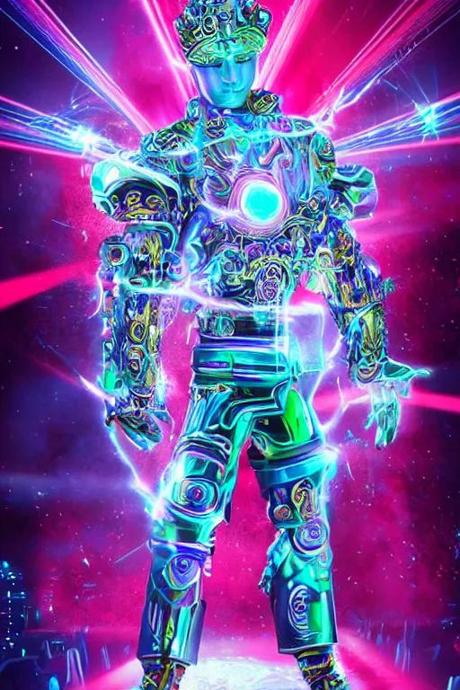 Prompt: full-body sculpture of a young handsome Latino prince as a half cibernetic android with a glowing blue battery in his chest, white laser beam coming out of his eyes, crown of giant diamonds, flowing neon-colored silk, fabric, raptors, in a cyperbunk and baroque style. baroque elements. full-length view. baroque element. intricate artwork by caravaggio. many many birds birds on background. Trending on artstation, octane render, cinematic lighting from the right, hyper realism, octane render, 8k, depth of field, 3D